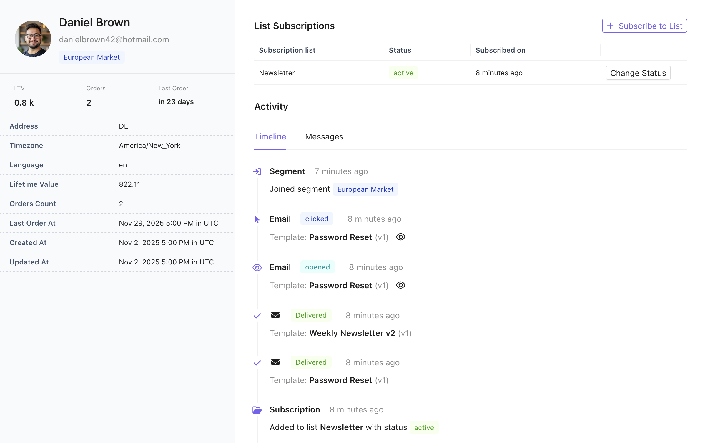 Notifuse Contact Profile with Activity Timeline